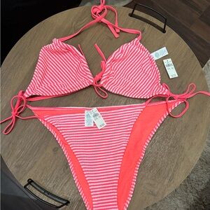 XXL Aerie Neon Pink Striped Tie-Side Bikini Coral -discontinued